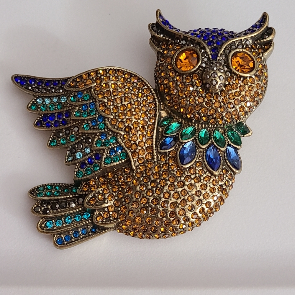 Owl Wise Guy Huge Brooch Quality Heidi Daus Rhinestones Gift Vtg